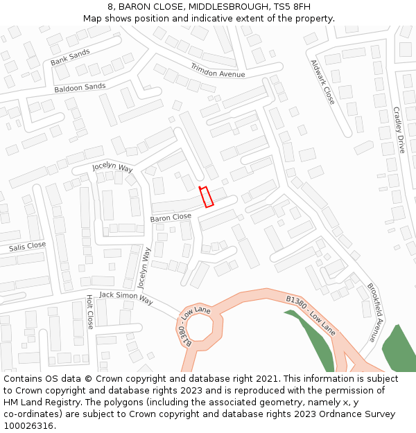8, BARON CLOSE, MIDDLESBROUGH, TS5 8FH: Location map and indicative extent of plot