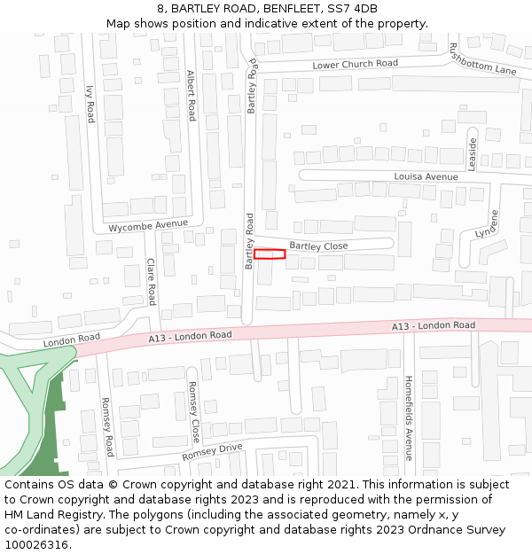 8, BARTLEY ROAD, BENFLEET, SS7 4DB: Location map and indicative extent of plot