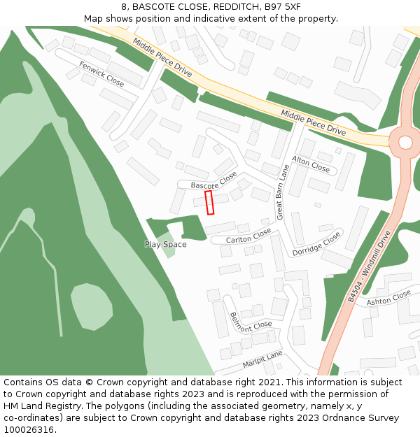 8, BASCOTE CLOSE, REDDITCH, B97 5XF: Location map and indicative extent of plot