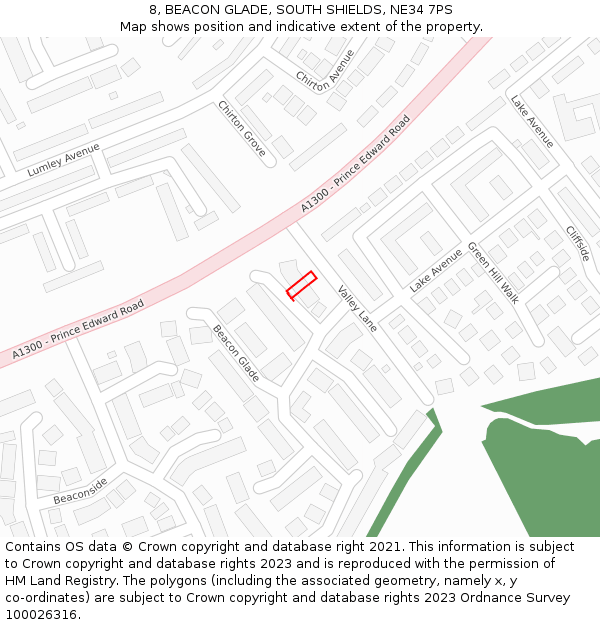 8, BEACON GLADE, SOUTH SHIELDS, NE34 7PS: Location map and indicative extent of plot