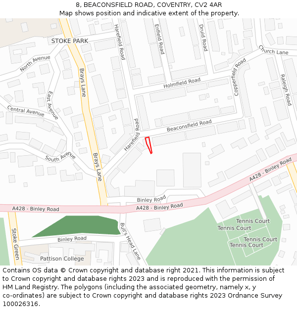 8, BEACONSFIELD ROAD, COVENTRY, CV2 4AR: Location map and indicative extent of plot