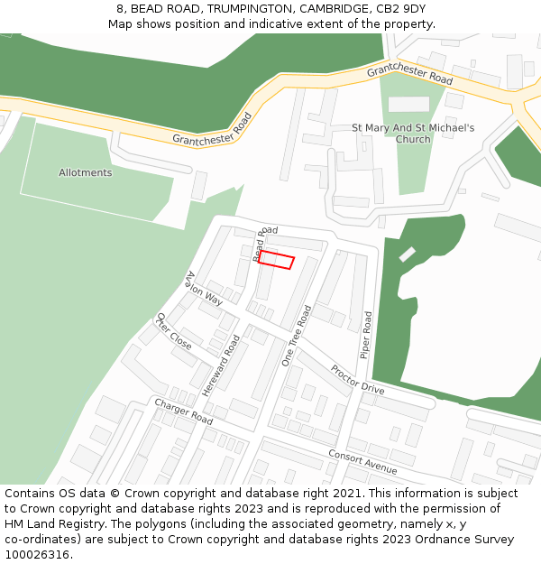 8, BEAD ROAD, TRUMPINGTON, CAMBRIDGE, CB2 9DY: Location map and indicative extent of plot