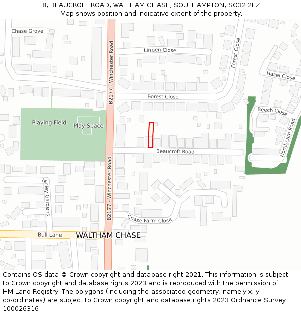 8, BEAUCROFT ROAD, WALTHAM CHASE, SOUTHAMPTON, SO32 2LZ: Location map and indicative extent of plot