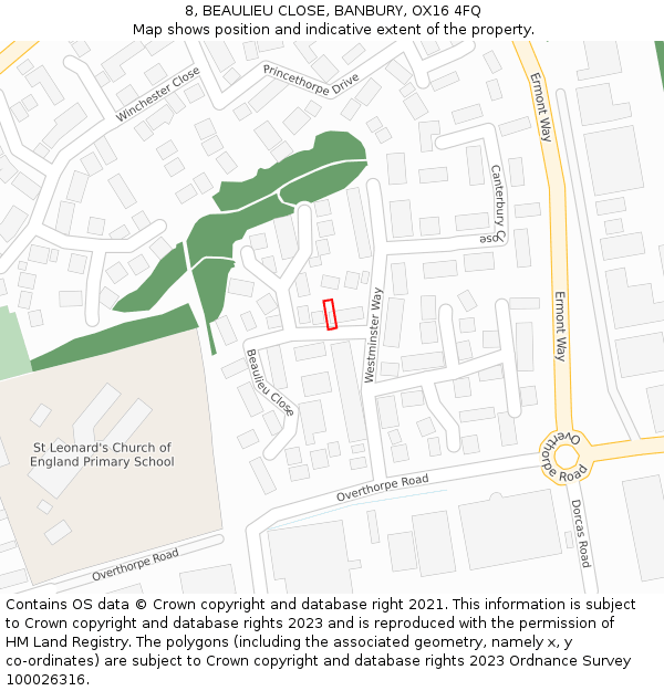 8, BEAULIEU CLOSE, BANBURY, OX16 4FQ: Location map and indicative extent of plot