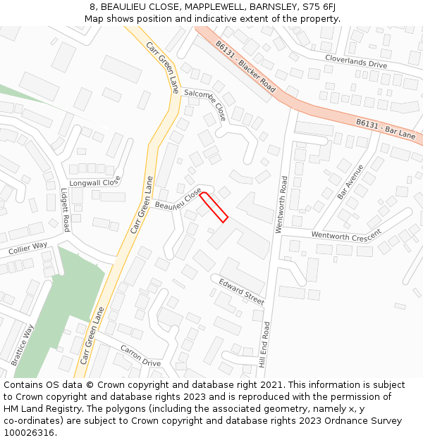 8, BEAULIEU CLOSE, MAPPLEWELL, BARNSLEY, S75 6FJ: Location map and indicative extent of plot