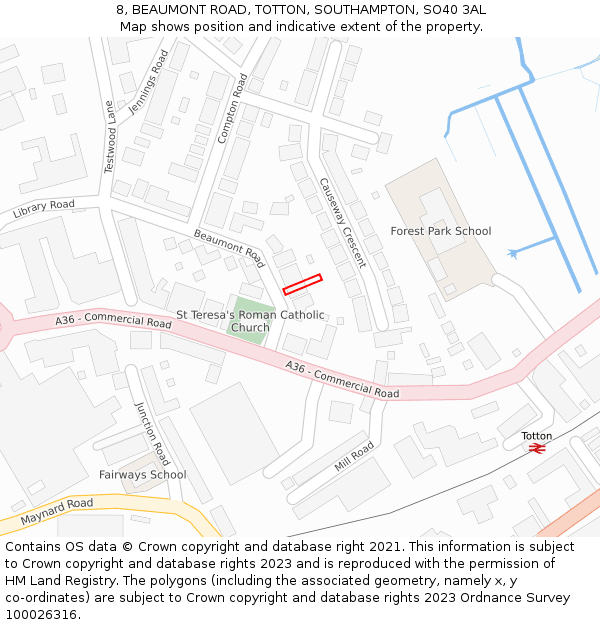 8, BEAUMONT ROAD, TOTTON, SOUTHAMPTON, SO40 3AL: Location map and indicative extent of plot