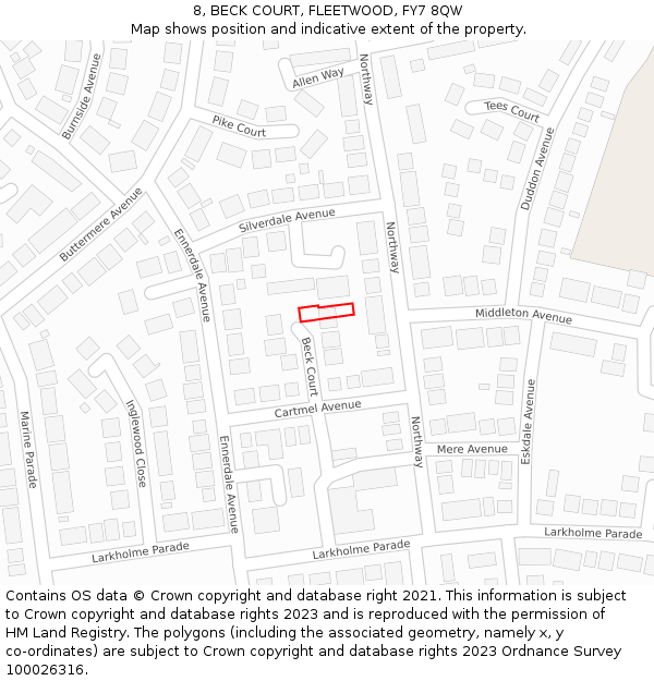 8, BECK COURT, FLEETWOOD, FY7 8QW: Location map and indicative extent of plot