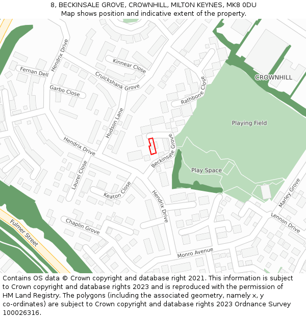 8, BECKINSALE GROVE, CROWNHILL, MILTON KEYNES, MK8 0DU: Location map and indicative extent of plot