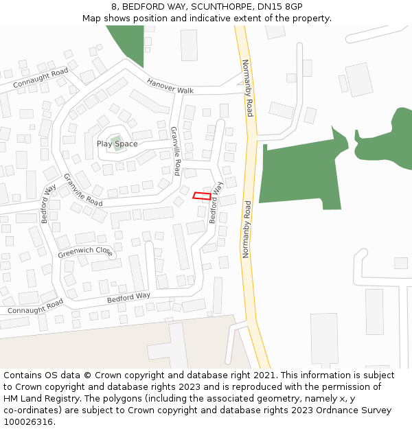 8, BEDFORD WAY, SCUNTHORPE, DN15 8GP: Location map and indicative extent of plot