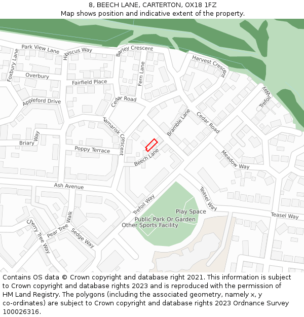 8, BEECH LANE, CARTERTON, OX18 1FZ: Location map and indicative extent of plot