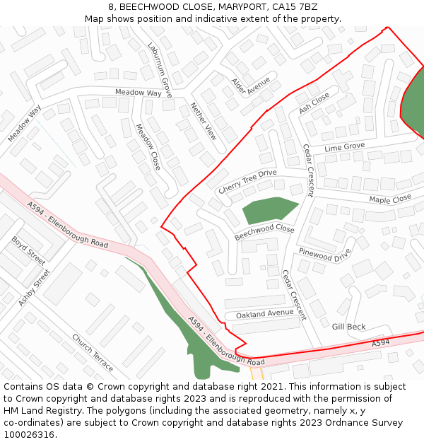 8, BEECHWOOD CLOSE, MARYPORT, CA15 7BZ: Location map and indicative extent of plot