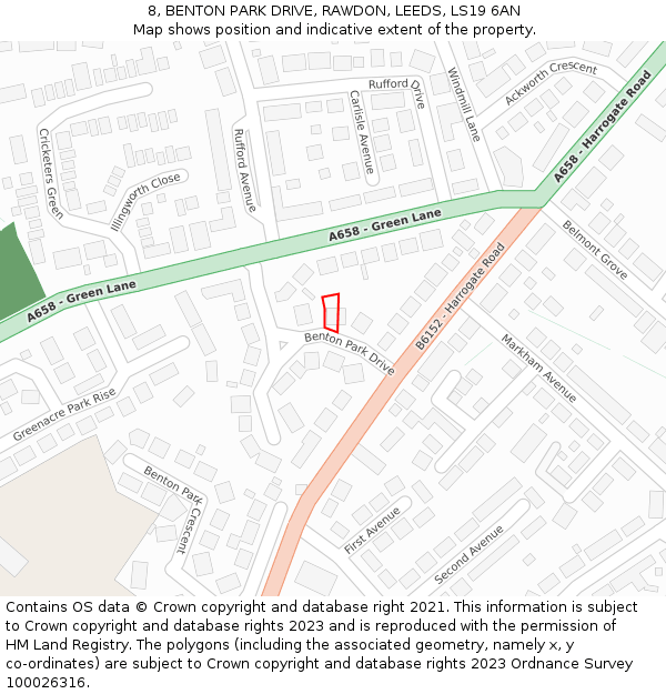 8, BENTON PARK DRIVE, RAWDON, LEEDS, LS19 6AN: Location map and indicative extent of plot