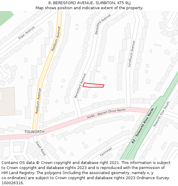 8, BERESFORD AVENUE, SURBITON, KT5 9LJ: Location map and indicative extent of plot