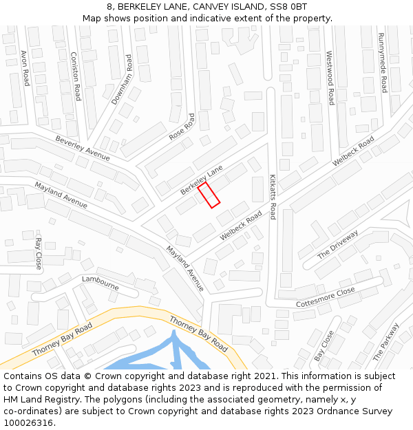 8, BERKELEY LANE, CANVEY ISLAND, SS8 0BT: Location map and indicative extent of plot