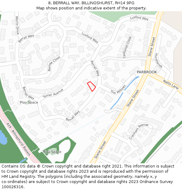 8, BERRALL WAY, BILLINGSHURST, RH14 9PG: Location map and indicative extent of plot