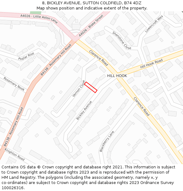 8, BICKLEY AVENUE, SUTTON COLDFIELD, B74 4DZ: Location map and indicative extent of plot