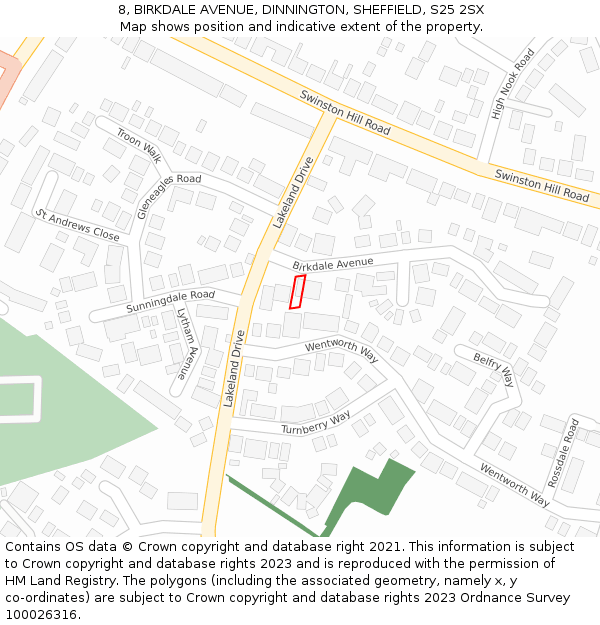 8, BIRKDALE AVENUE, DINNINGTON, SHEFFIELD, S25 2SX: Location map and indicative extent of plot