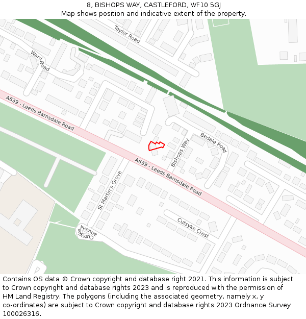 8, BISHOPS WAY, CASTLEFORD, WF10 5GJ: Location map and indicative extent of plot