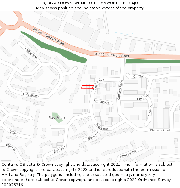 8, BLACKDOWN, WILNECOTE, TAMWORTH, B77 4JQ: Location map and indicative extent of plot