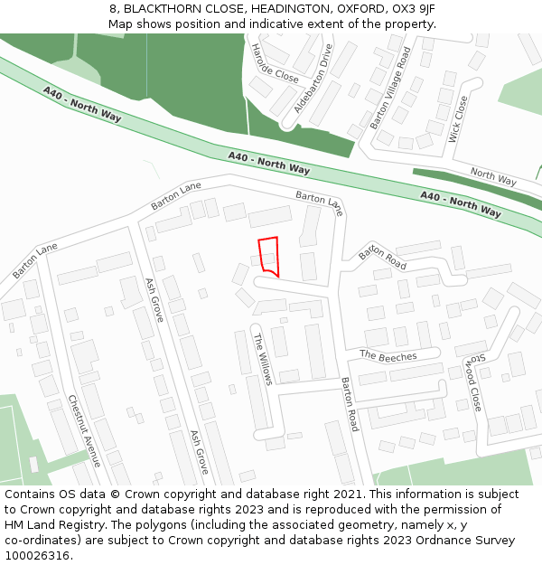 8, BLACKTHORN CLOSE, HEADINGTON, OXFORD, OX3 9JF: Location map and indicative extent of plot