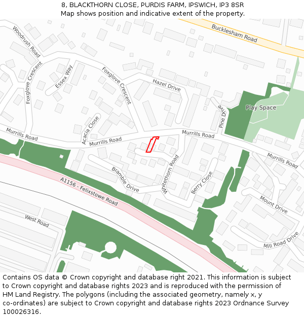 8, BLACKTHORN CLOSE, PURDIS FARM, IPSWICH, IP3 8SR: Location map and indicative extent of plot