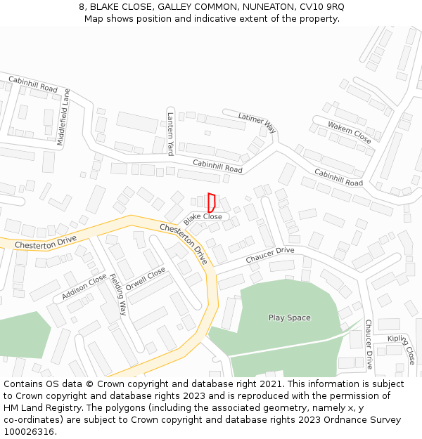 8, BLAKE CLOSE, GALLEY COMMON, NUNEATON, CV10 9RQ: Location map and indicative extent of plot