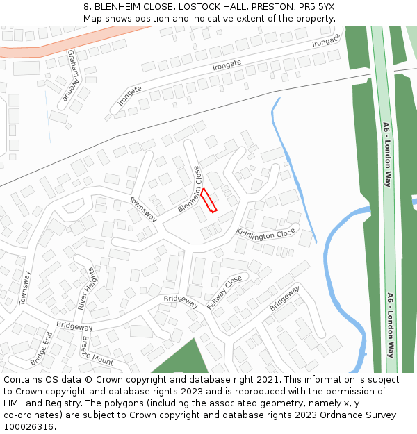 8, BLENHEIM CLOSE, LOSTOCK HALL, PRESTON, PR5 5YX: Location map and indicative extent of plot
