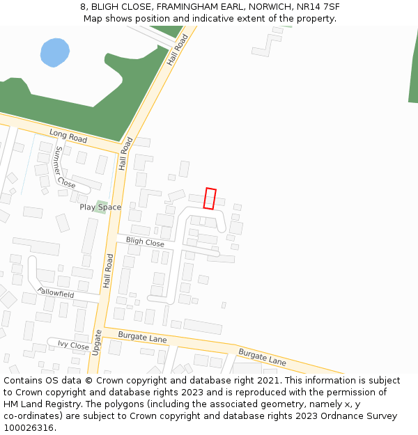 8, BLIGH CLOSE, FRAMINGHAM EARL, NORWICH, NR14 7SF: Location map and indicative extent of plot