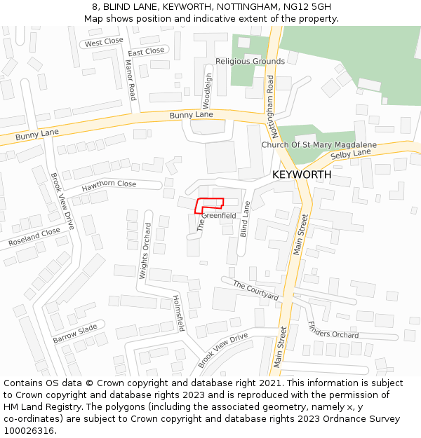 8, BLIND LANE, KEYWORTH, NOTTINGHAM, NG12 5GH: Location map and indicative extent of plot