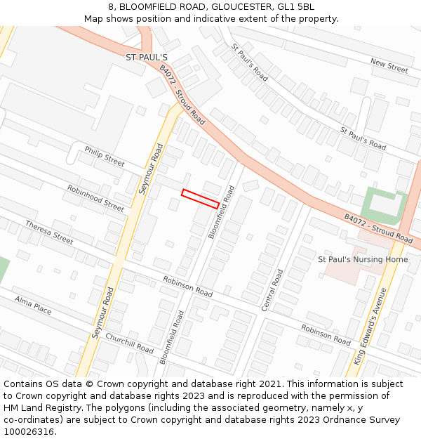 8, BLOOMFIELD ROAD, GLOUCESTER, GL1 5BL: Location map and indicative extent of plot