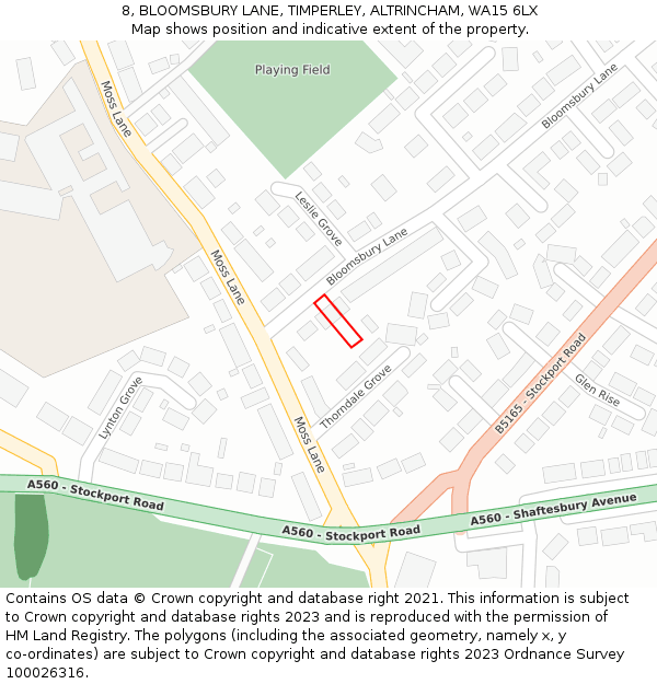 8, BLOOMSBURY LANE, TIMPERLEY, ALTRINCHAM, WA15 6LX: Location map and indicative extent of plot