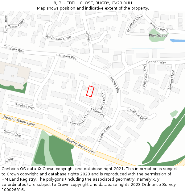 8, BLUEBELL CLOSE, RUGBY, CV23 0UH: Location map and indicative extent of plot