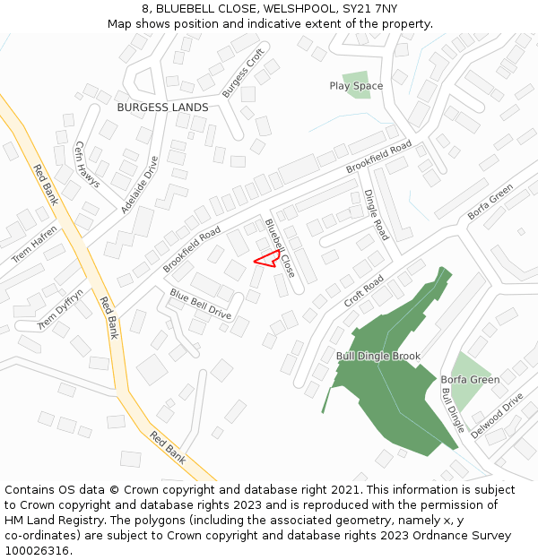 8, BLUEBELL CLOSE, WELSHPOOL, SY21 7NY: Location map and indicative extent of plot