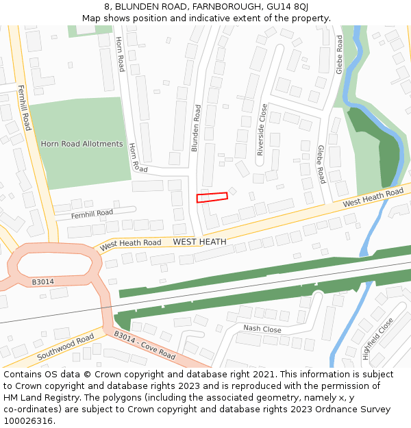 8, BLUNDEN ROAD, FARNBOROUGH, GU14 8QJ: Location map and indicative extent of plot