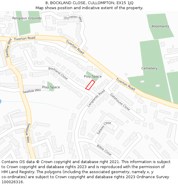 8, BOCKLAND CLOSE, CULLOMPTON, EX15 1JQ: Location map and indicative extent of plot