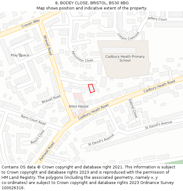 8, BODEY CLOSE, BRISTOL, BS30 8BG: Location map and indicative extent of plot