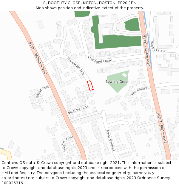 8, BOOTHBY CLOSE, KIRTON, BOSTON, PE20 1EN: Location map and indicative extent of plot