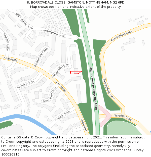 8, BORROWDALE CLOSE, GAMSTON, NOTTINGHAM, NG2 6PD: Location map and indicative extent of plot