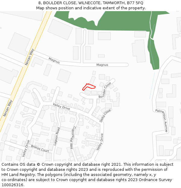 8, BOULDER CLOSE, WILNECOTE, TAMWORTH, B77 5FQ: Location map and indicative extent of plot