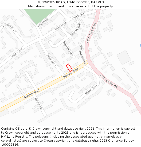 8, BOWDEN ROAD, TEMPLECOMBE, BA8 0LB: Location map and indicative extent of plot