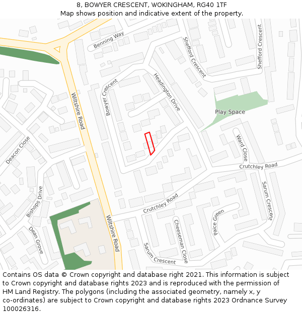 8, BOWYER CRESCENT, WOKINGHAM, RG40 1TF: Location map and indicative extent of plot