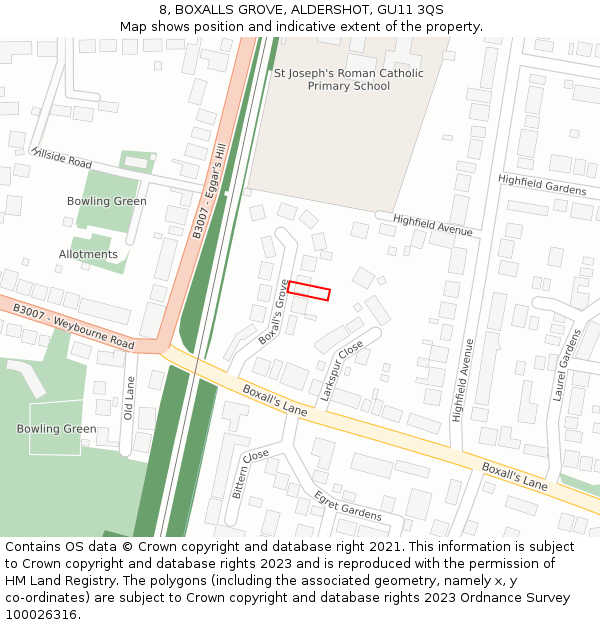 8, BOXALLS GROVE, ALDERSHOT, GU11 3QS: Location map and indicative extent of plot