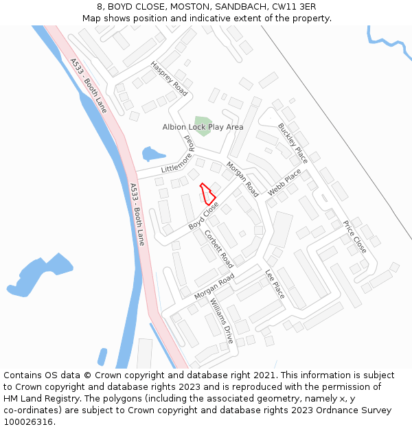 8, BOYD CLOSE, MOSTON, SANDBACH, CW11 3ER: Location map and indicative extent of plot