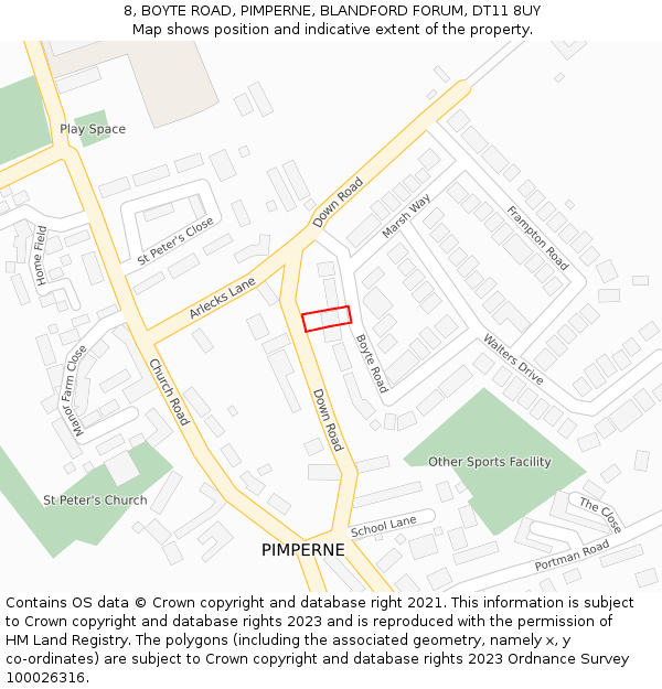 8, BOYTE ROAD, PIMPERNE, BLANDFORD FORUM, DT11 8UY: Location map and indicative extent of plot