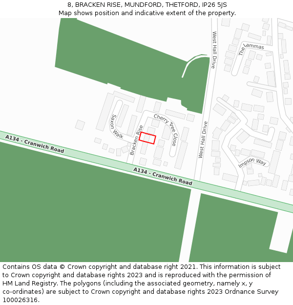 8, BRACKEN RISE, MUNDFORD, THETFORD, IP26 5JS: Location map and indicative extent of plot