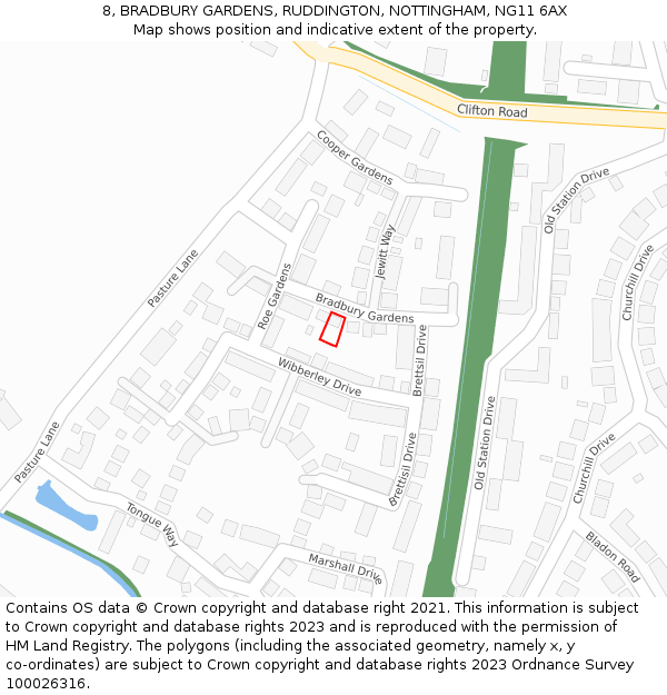 8, BRADBURY GARDENS, RUDDINGTON, NOTTINGHAM, NG11 6AX: Location map and indicative extent of plot