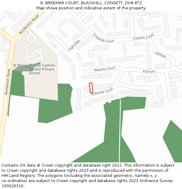 8, BRAEMAR COURT, BLACKHILL, CONSETT, DH8 8TZ: Location map and indicative extent of plot