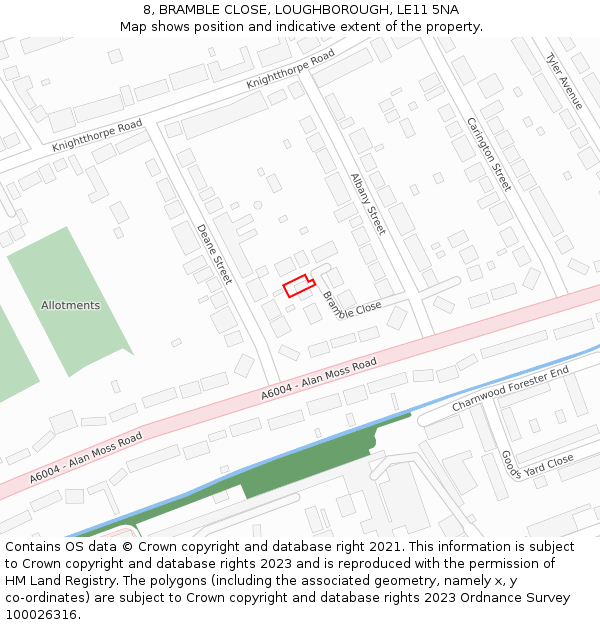 8, BRAMBLE CLOSE, LOUGHBOROUGH, LE11 5NA: Location map and indicative extent of plot