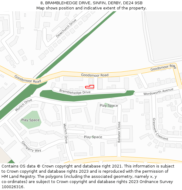 8, BRAMBLEHEDGE DRIVE, SINFIN, DERBY, DE24 9SB: Location map and indicative extent of plot