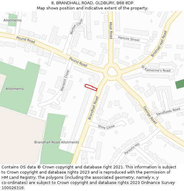 8, BRANDHALL ROAD, OLDBURY, B68 8DP: Location map and indicative extent of plot